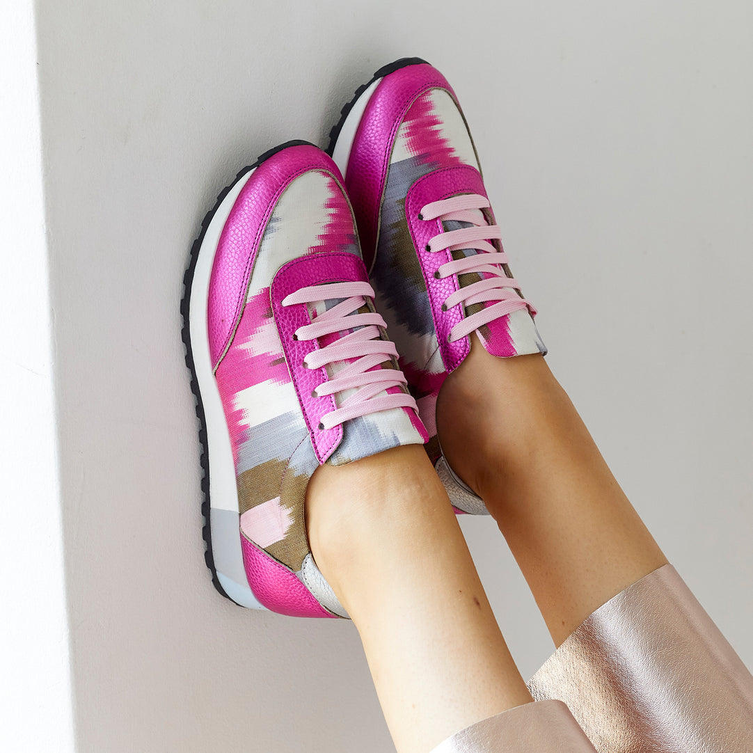 Pink, white, grey and green Ikat Silk trainers with pink metallic leather and pale pink shoelaces