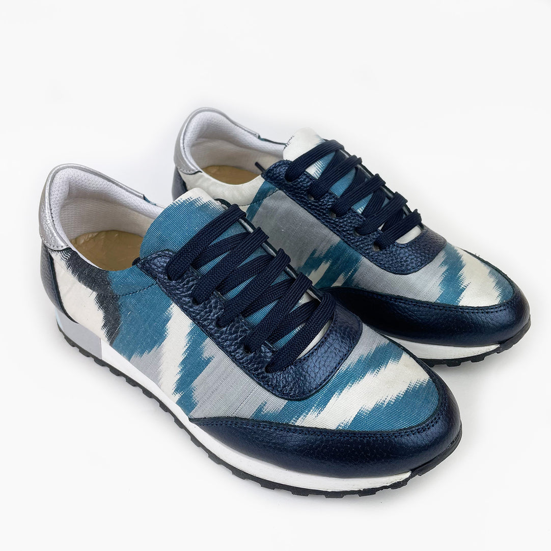 Blue and white Ikat silk trainers with navy metallic leather and navy laces 