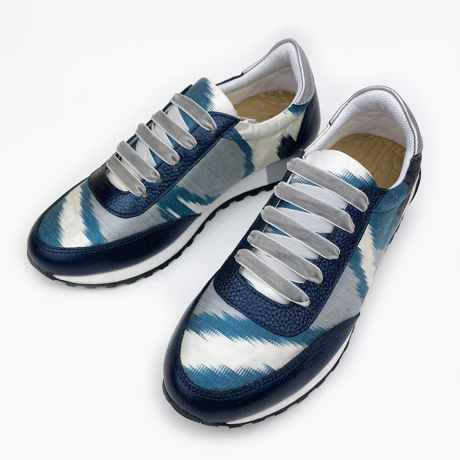 Blue and white Ikat silk trainers with navy metallic leather and grey velvet laces 