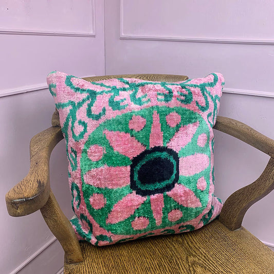 Pink Flower - Ikat Velvet Cushion