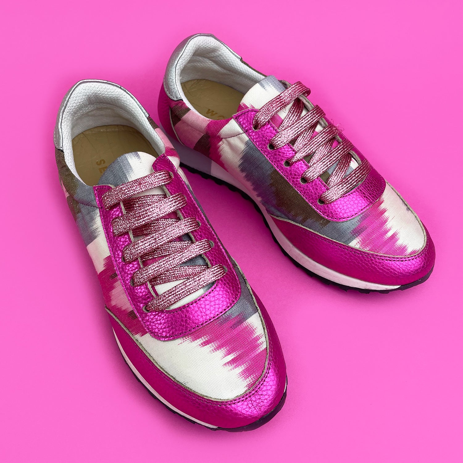 Pink, white, grey and green Ikat Silk trainers with pink metallic leather and pink glitter shoelaces