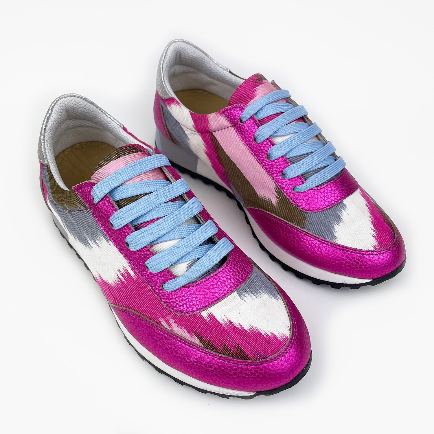 Pink, white, grey and green Ikat Silk trainers with pink metallic leather and pale blue shoelaces