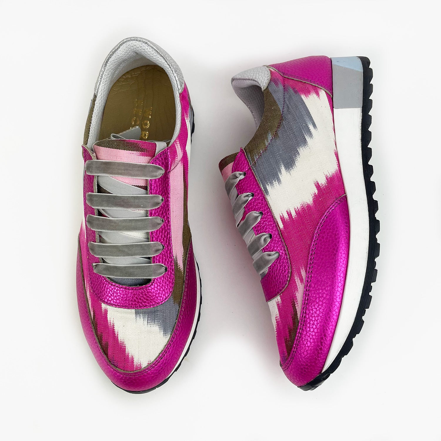 Pink, white, grey and green Ikat Silk trainers with pink metallic leather and grey velvet shoelaces