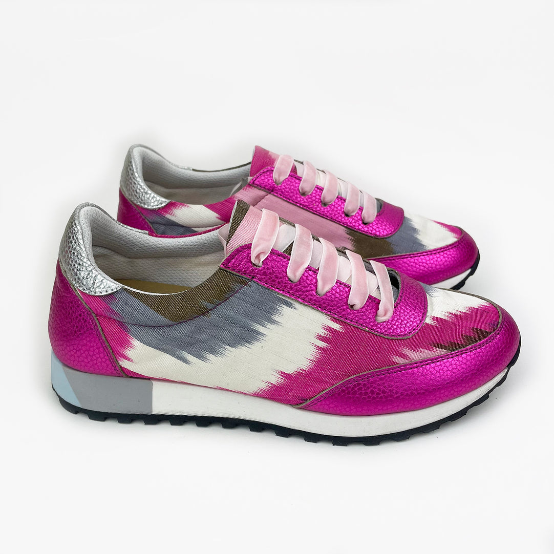 Pink, white, grey and green Ikat Silk trainers with pink metallic leather and pale pink velvet shoelaces
