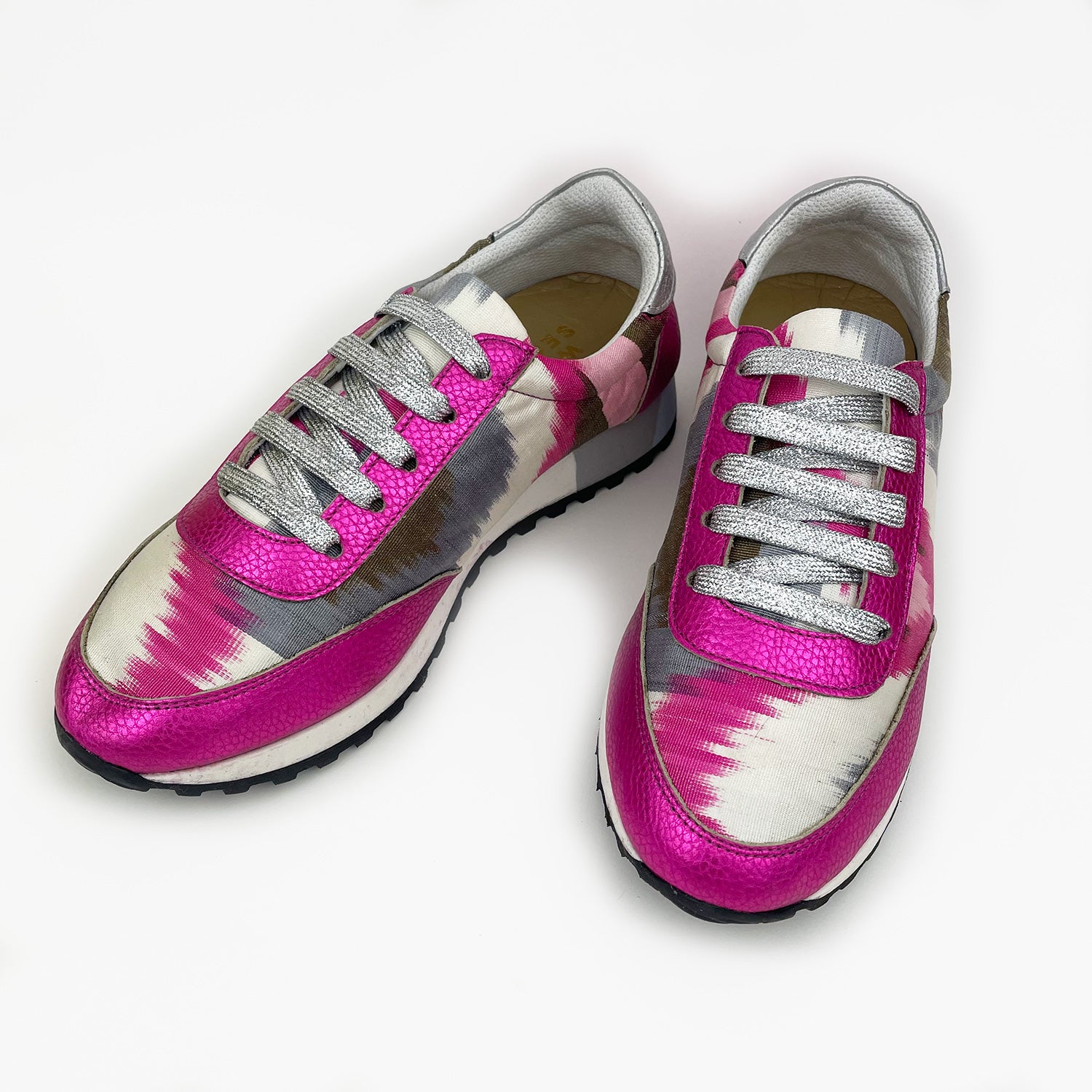 Pink, white, grey and green Ikat Silk trainers with pink metallic leather and silver glitter shoelaces