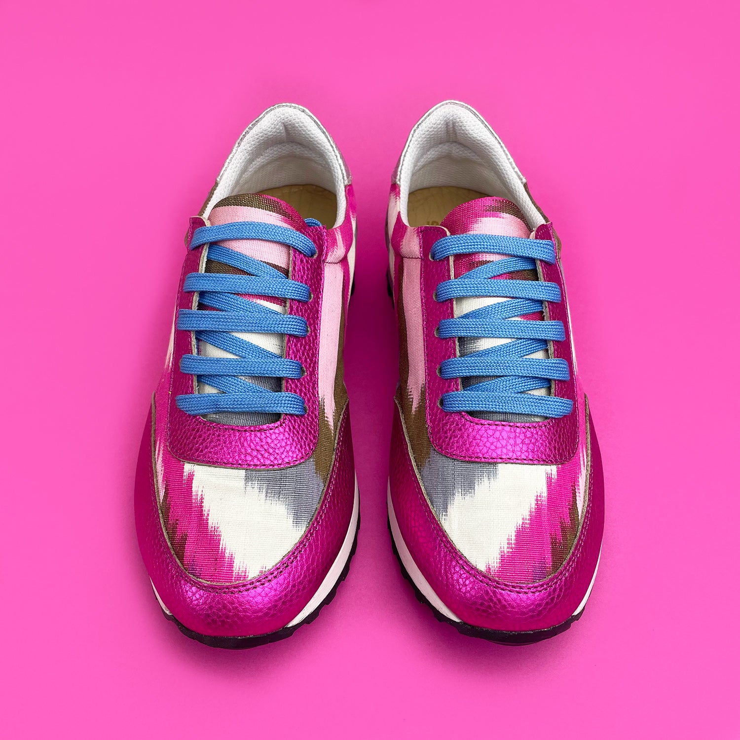 Pink, white, grey and green Ikat Silk trainers with pink metallic leather and blue shoelaces