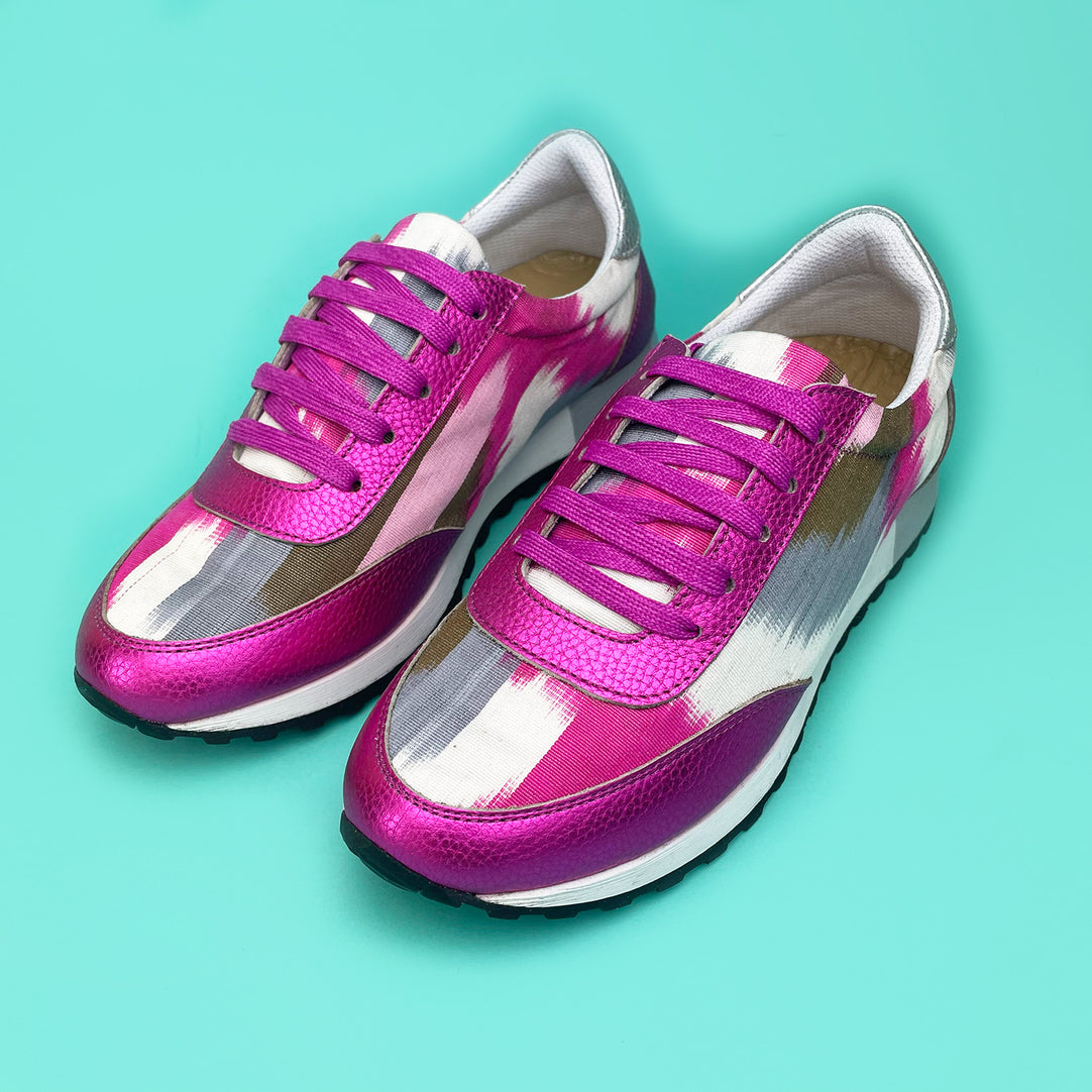 Pink, white, grey and green Ikat Silk trainers with pink metallic leather and cerise pink shoelaces