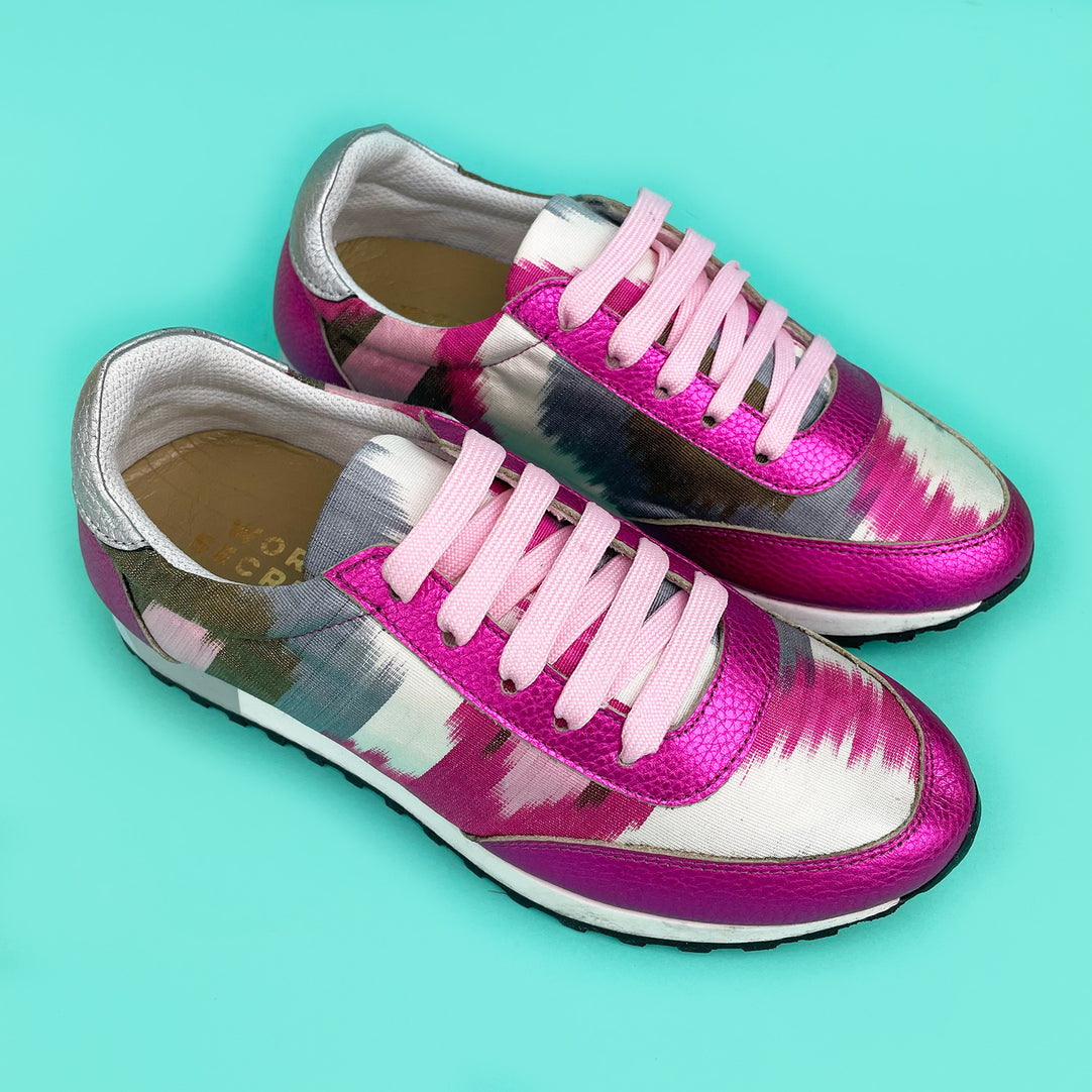 Pink, white, grey and green Ikat Silk trainers with pink metallic leather and pale pink shoelaces